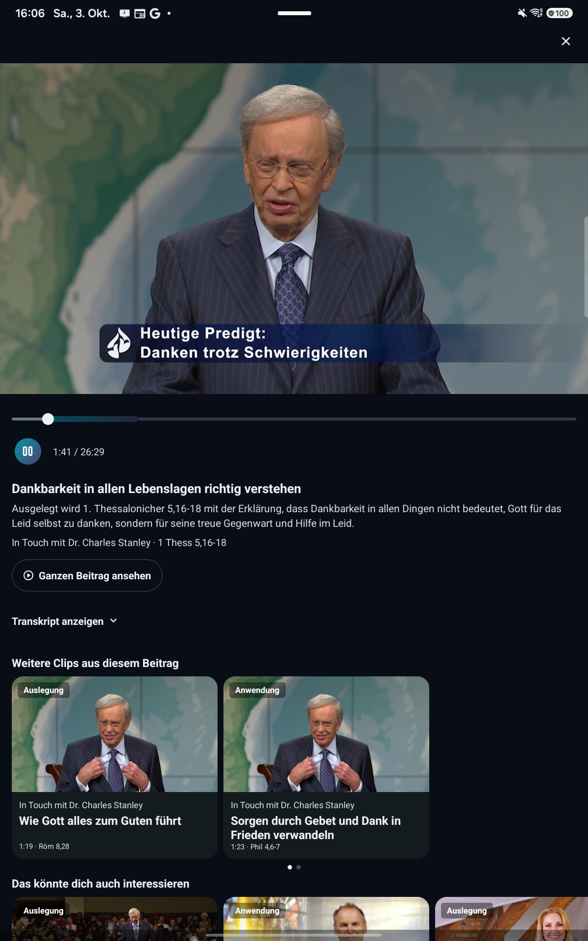 Videoplayer mit Predigtausschnitt, Zeitmarke und Zugang zum ganzen Beitrag