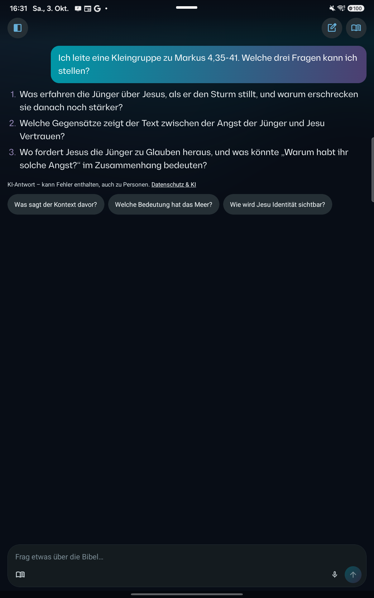 KI-Chat mit einer Frage zu Markus 4 und drei Gesprächsfragen für eine Kleingruppe