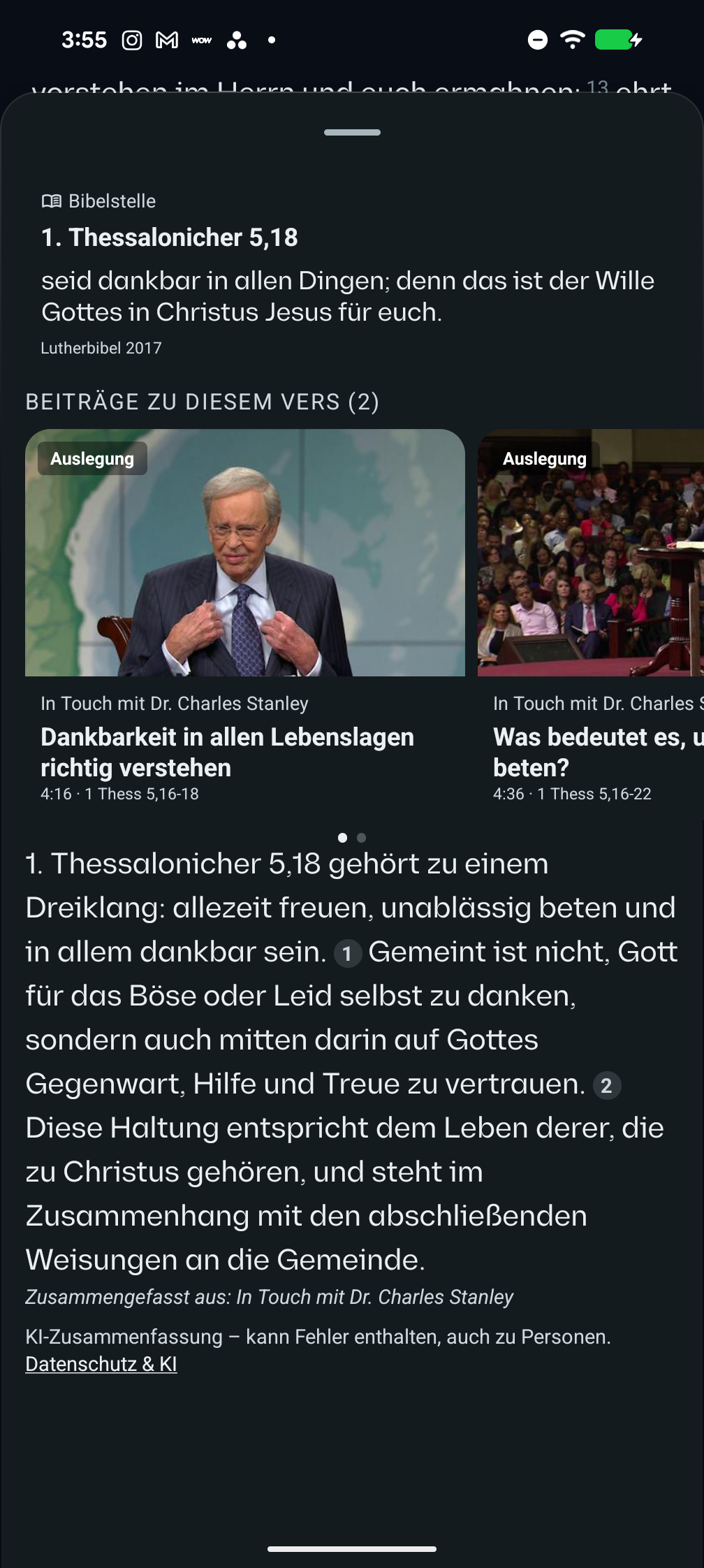 App-Ansicht zu 1. Thessalonicher 5,18 mit Bibeltext, Predigtausschnitten und Zusammenfassung