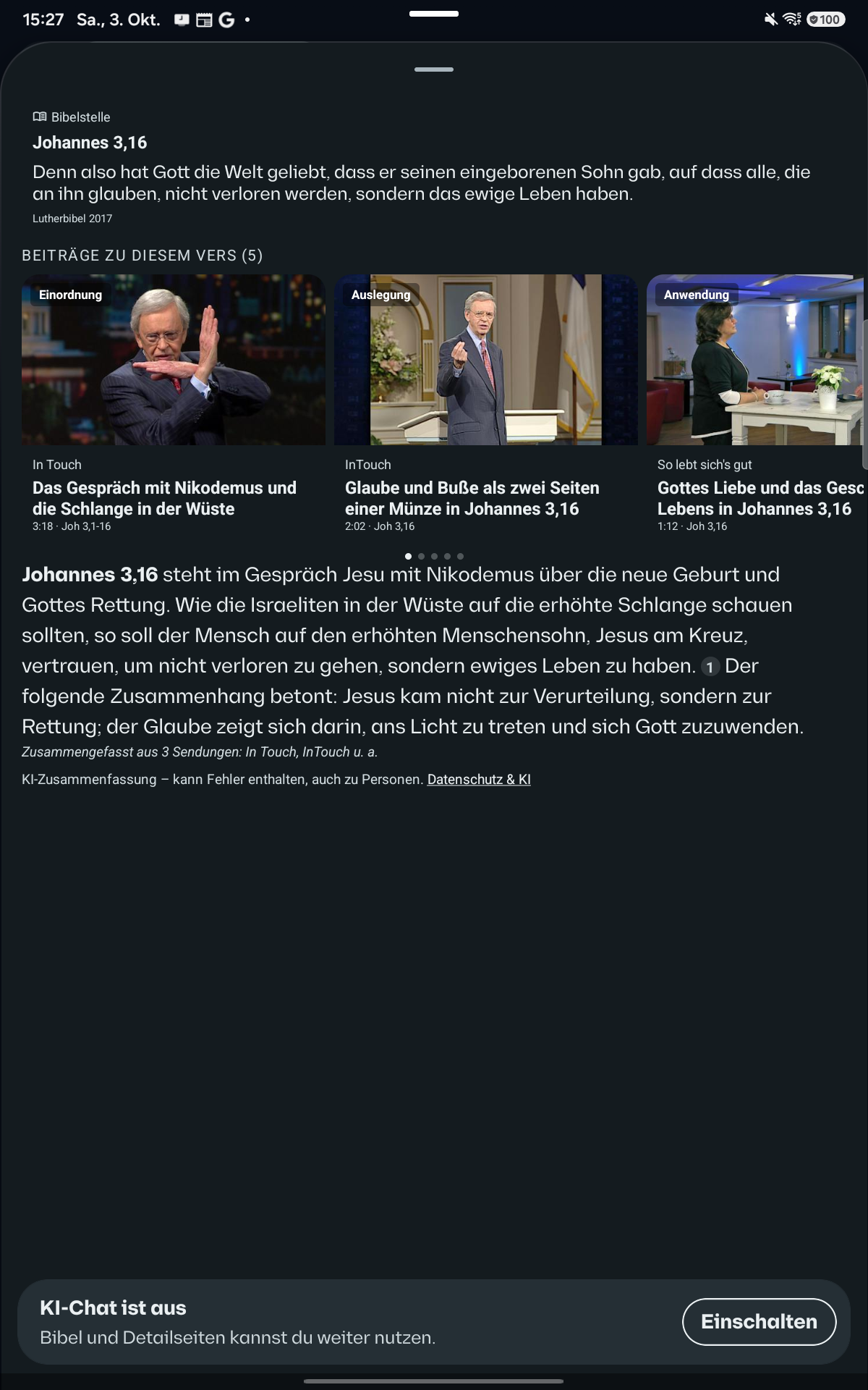 App-Ansicht zu Johannes 3,16 mit Bibelvers und passenden Beiträgen
